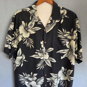 Tommy Bahama Men’s Shirt Button Down 100% Silk Black Lt Green Hawaiian Floral Lg